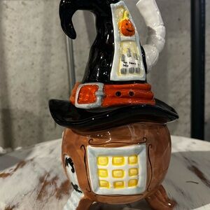 NEW Whimsical Blue Sky Ceramic Halloween Witch Cauldron Treat Jar